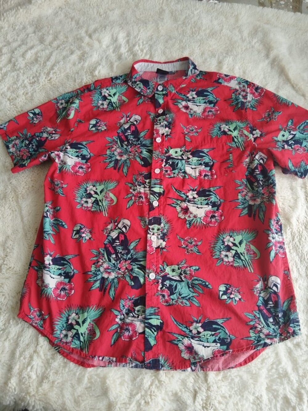 Star Wars Red Mandalorian Baby Yoda Button Up Hawaiian Shirt Mens Size M
